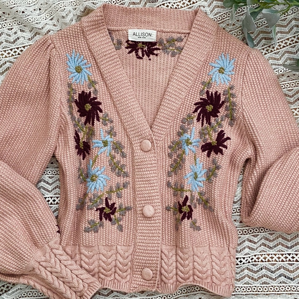 Embroidered Cardigan Floral 3 Button by Allison New York PEACHY-PINK COLOR - Picture 3 of 9